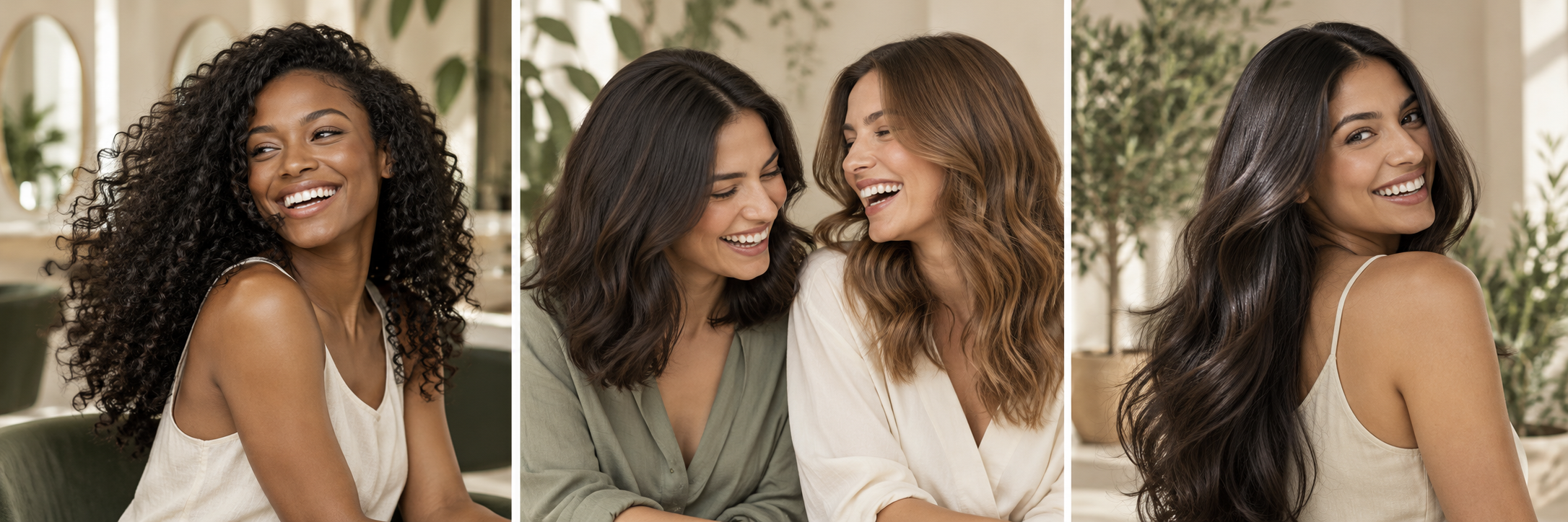 Women sharing joyful moments with beautifully styled curls, waves and smooth hair